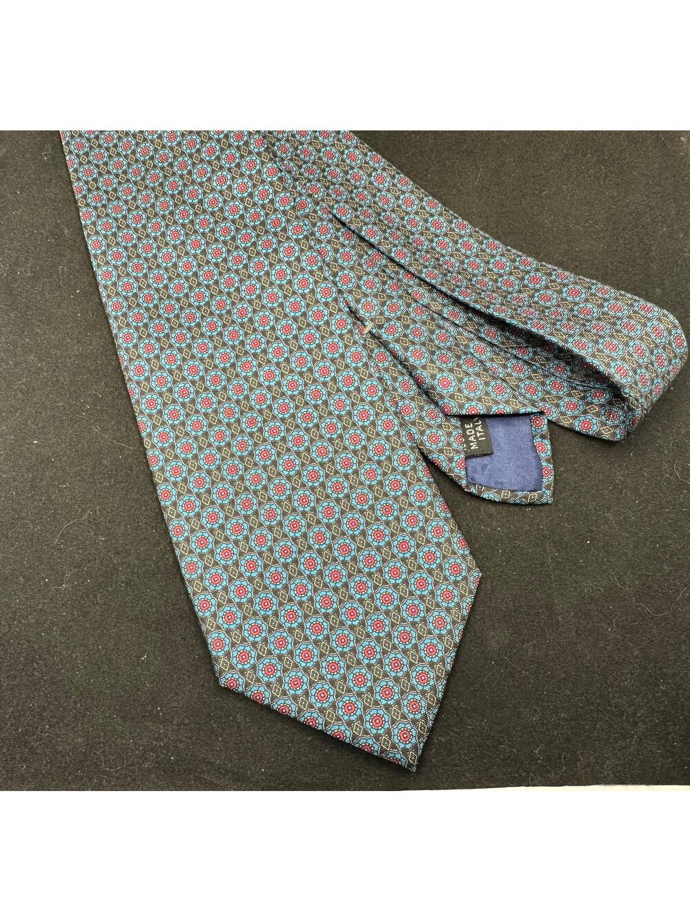 Jsaco 100% Italian Silk Tie in Teal, Red, Yellow and Black Geometric Pattern